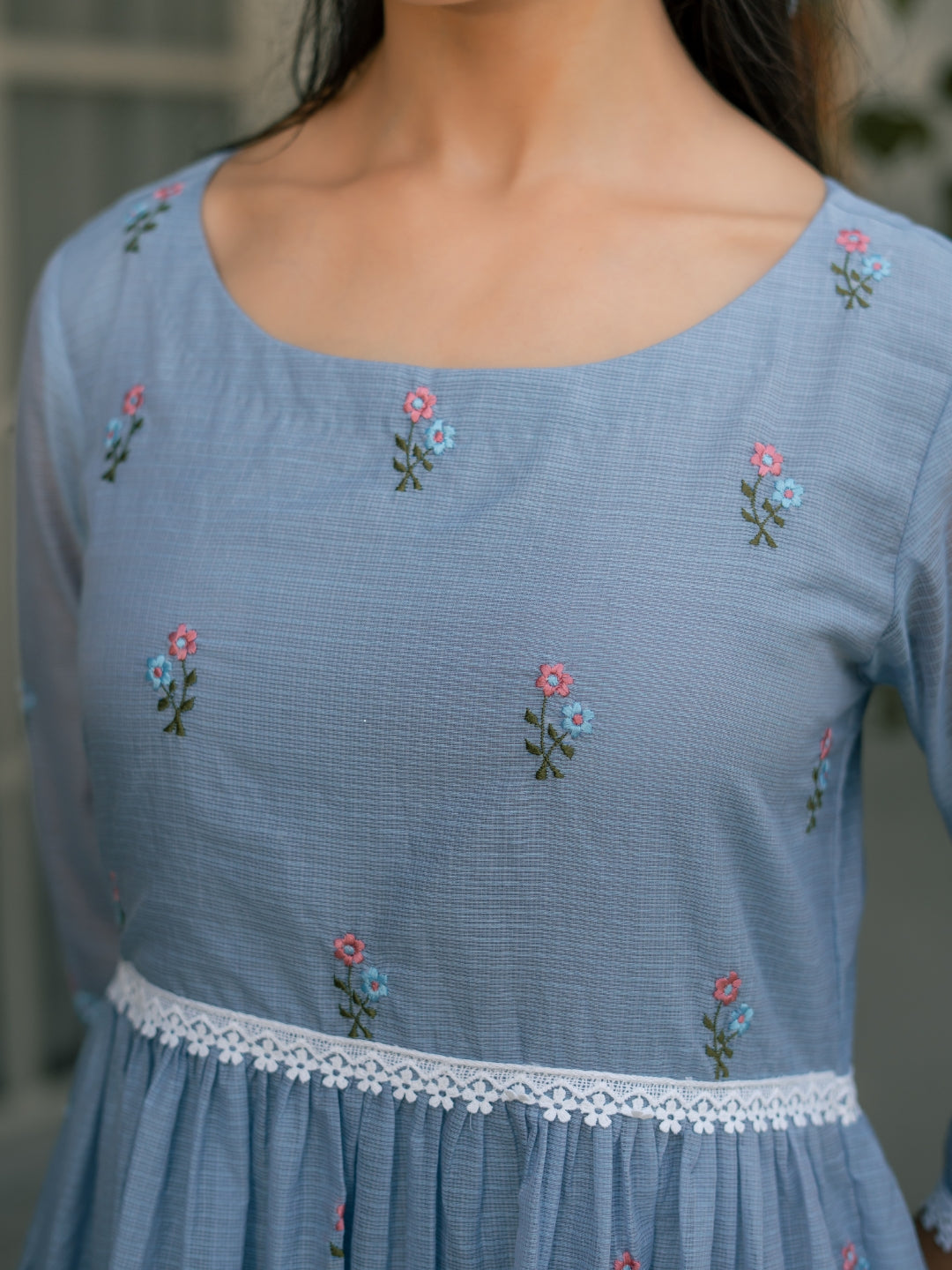 Blue Breeze Dress in Kota Doriya Fabric with Embroidery