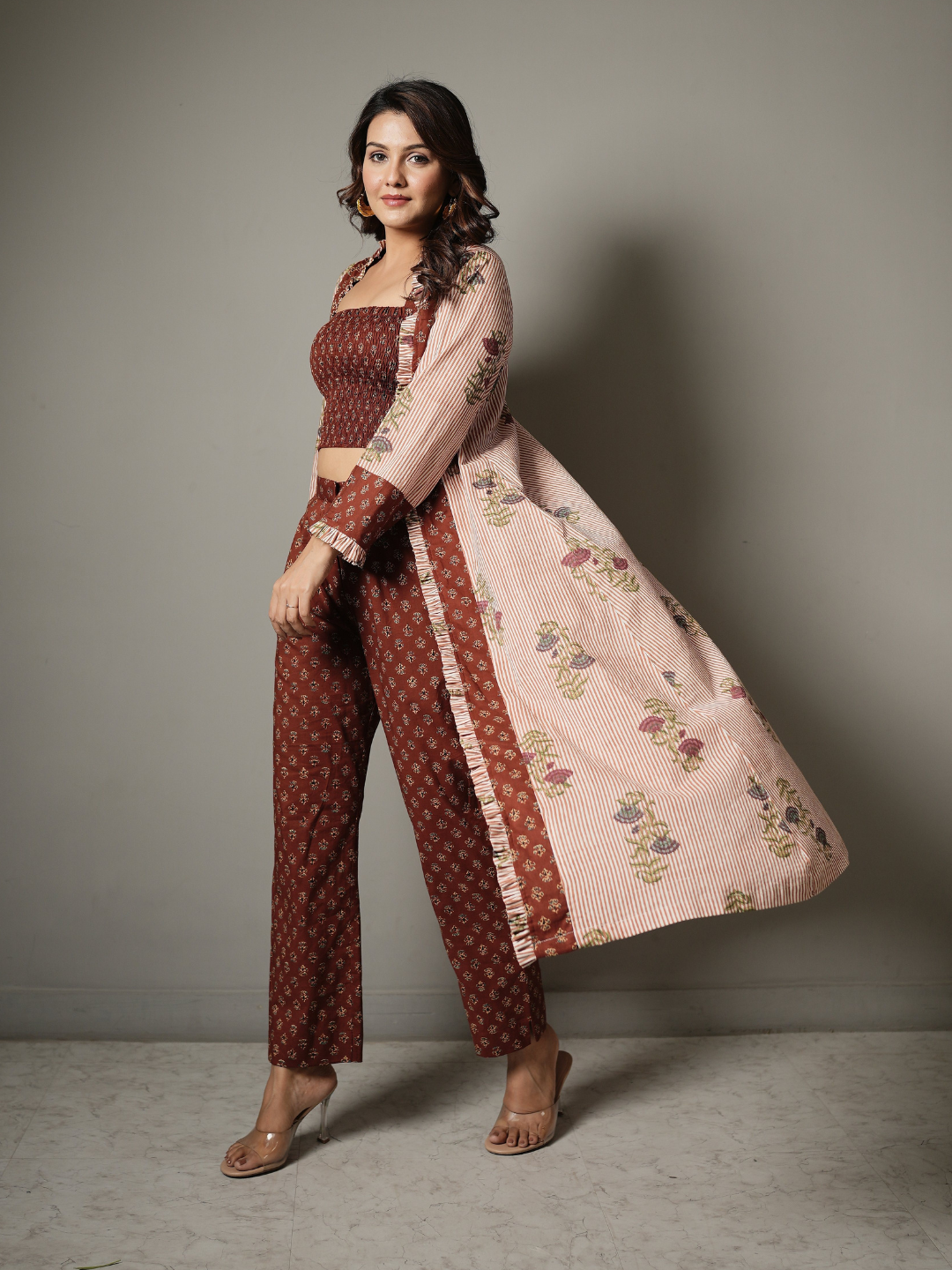 Block Print Crop Top and Pant Co-ord with Shrug