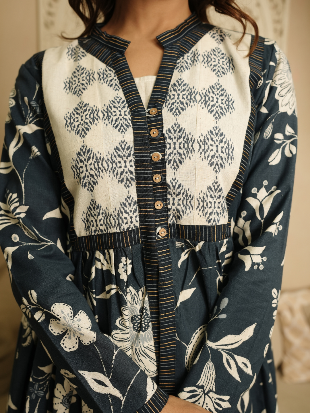 Blue and Beige Block Print Cotton Dress