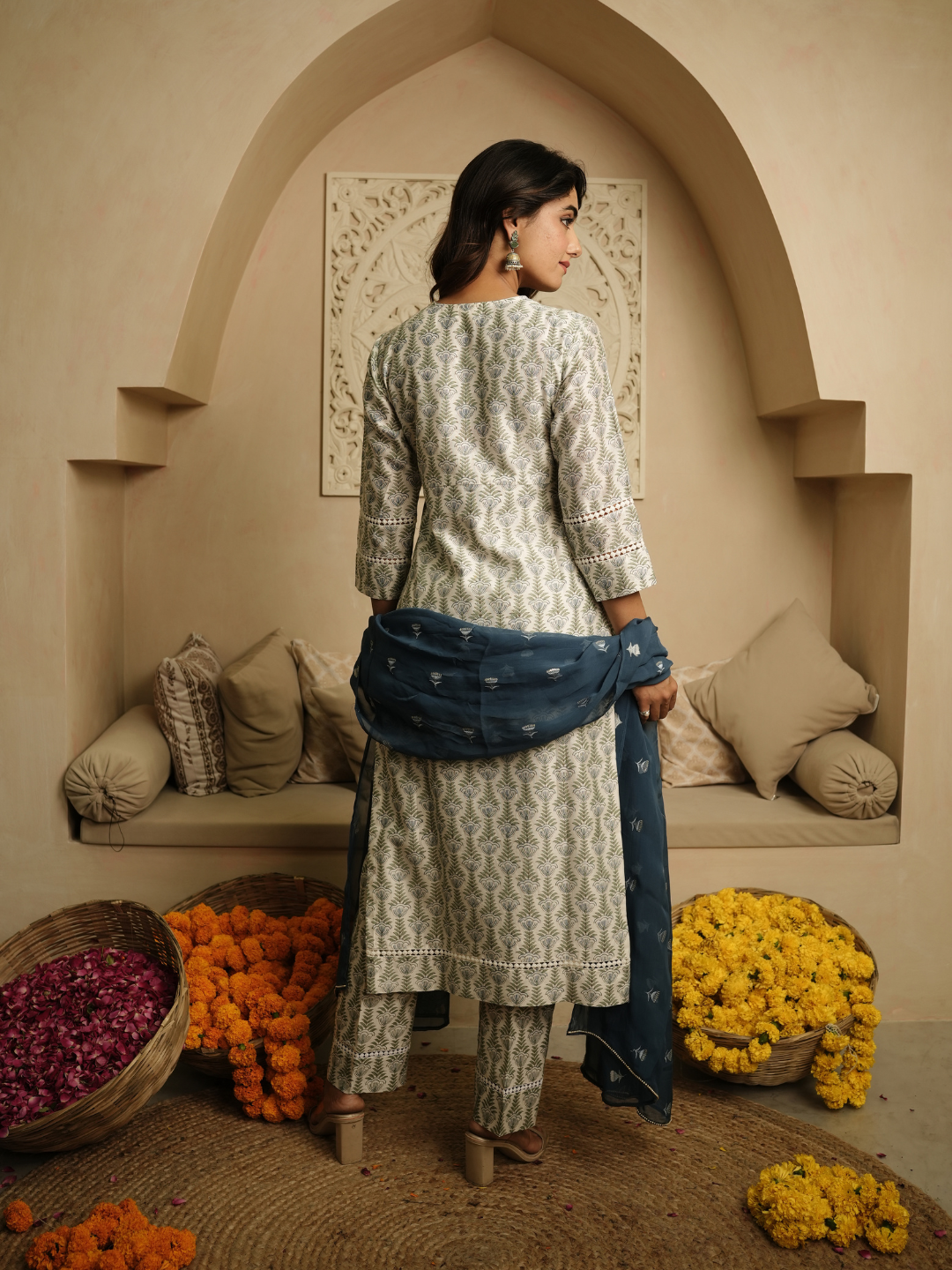 Blue Hand Block Chanderi Kurta Set