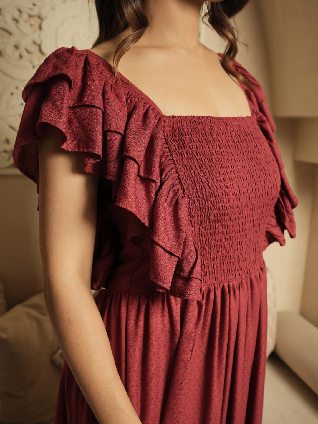 Whimsical Whirl Maroon Dress