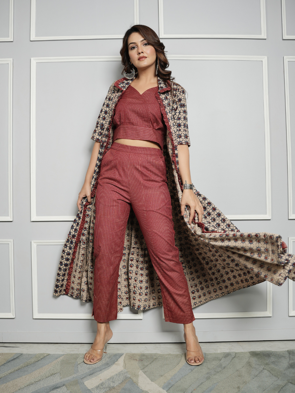 Cotton Linen Co-ord Set with Block Print Ajrakh Shrug