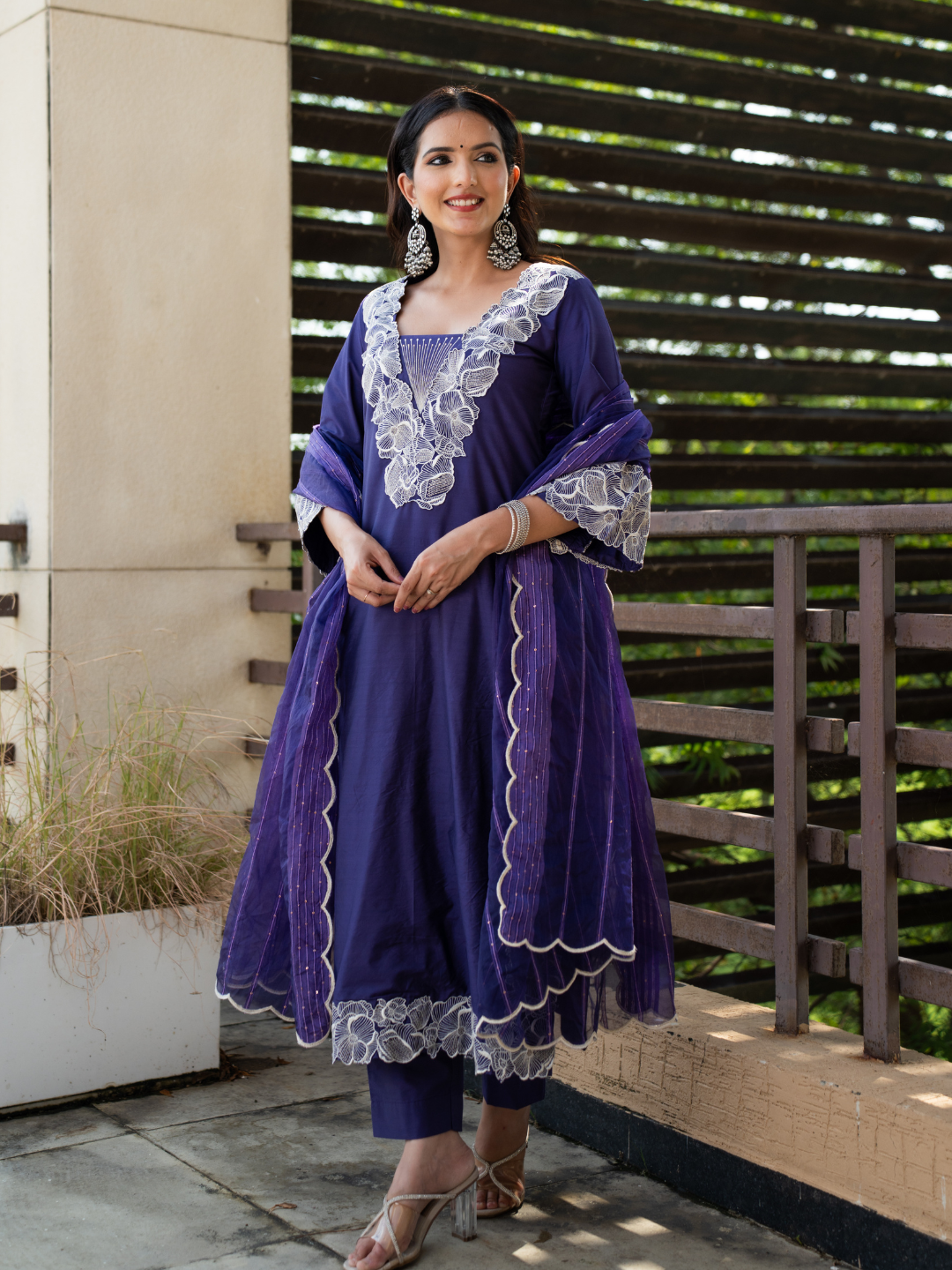 Blue Chanderi Kurta Set With Embroidery