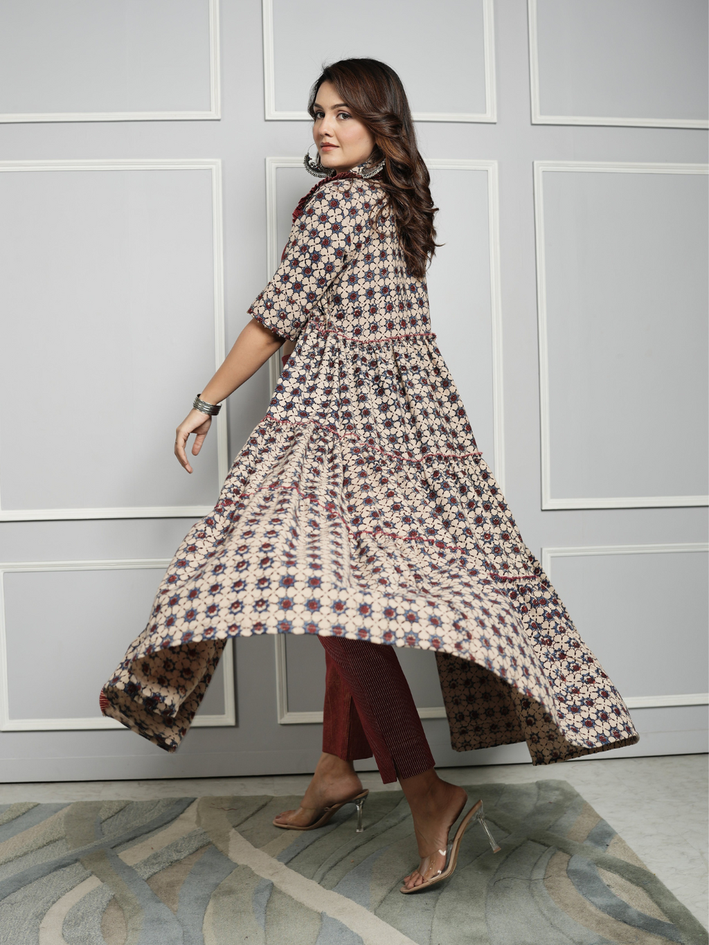 Cotton Linen Co-ord Set with Block Print Ajrakh Shrug
