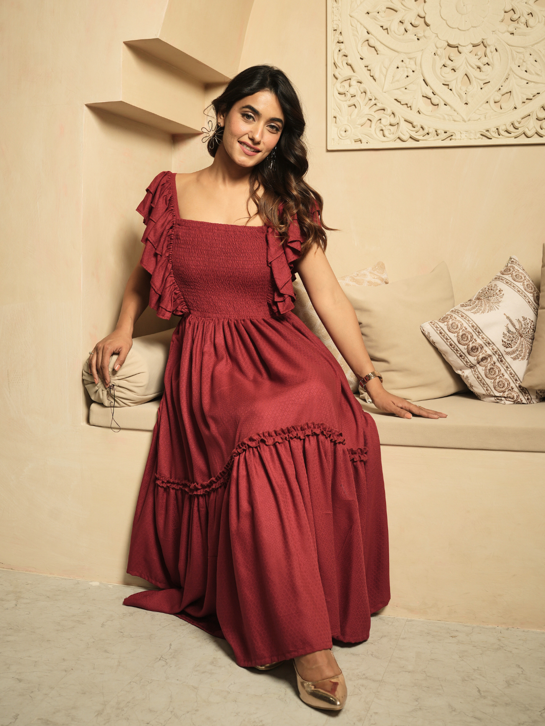 Whimsical Whirl Maroon Dress