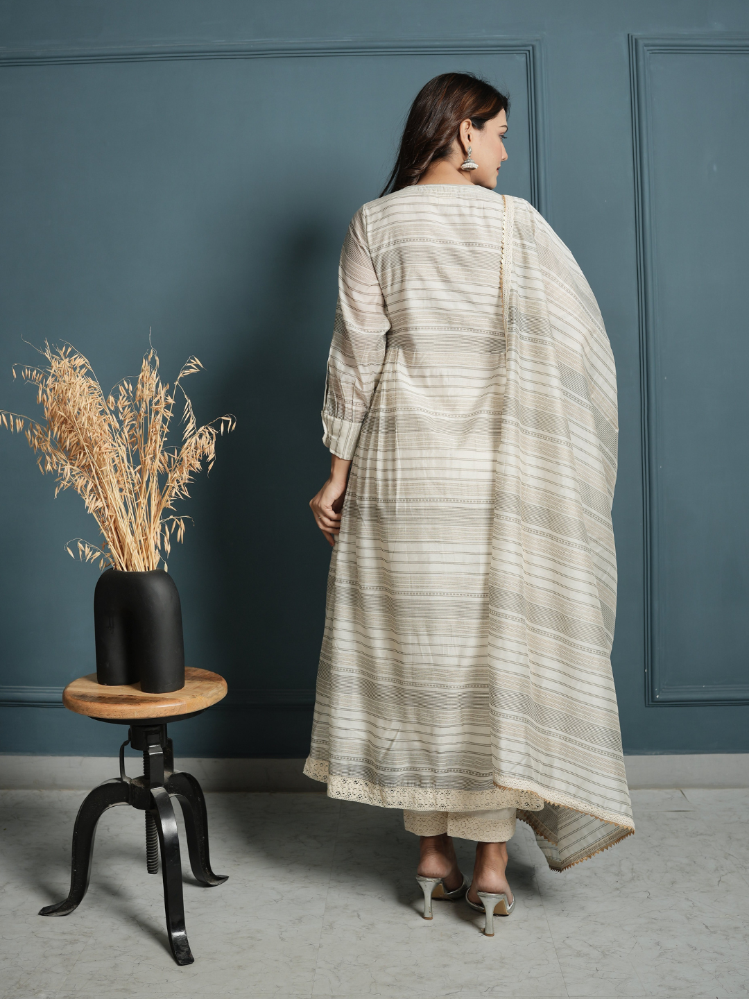 Block Print Golden Stripe Kurta with Pants and Dupatta