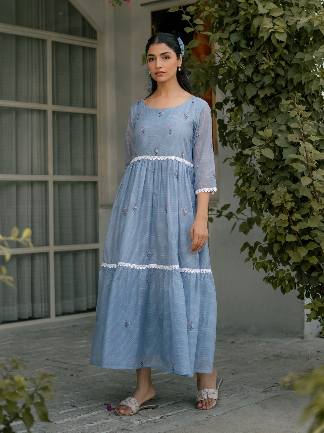Blue Breeze Dress in Kota Doriya Fabric with Embroidery