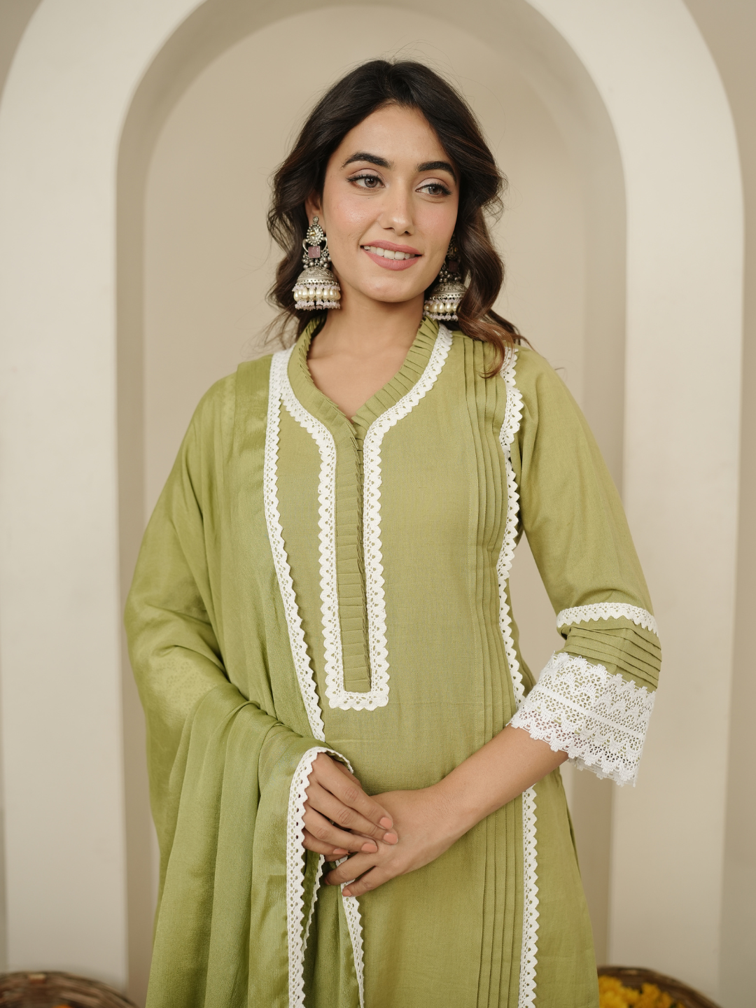 Sage Green Kurta With Dupatta And Pants