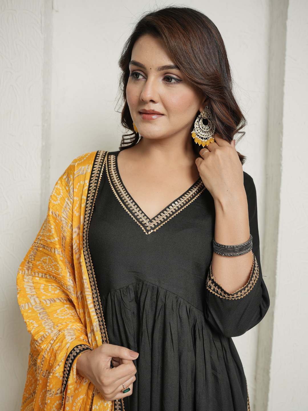 Black Kurta and Pants with Yellow Bandhej Dupatta