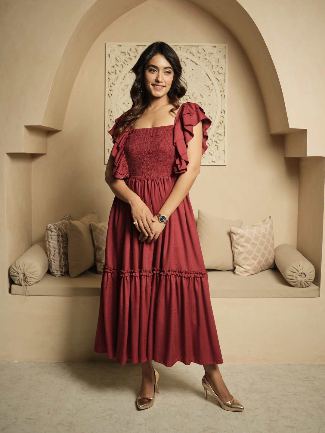 Whimsical Whirl Maroon Dress