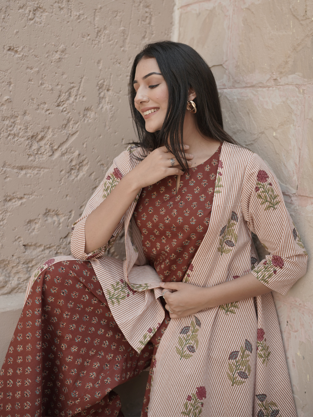 Block Printed Co-ord Top and Palazzo with Shrug