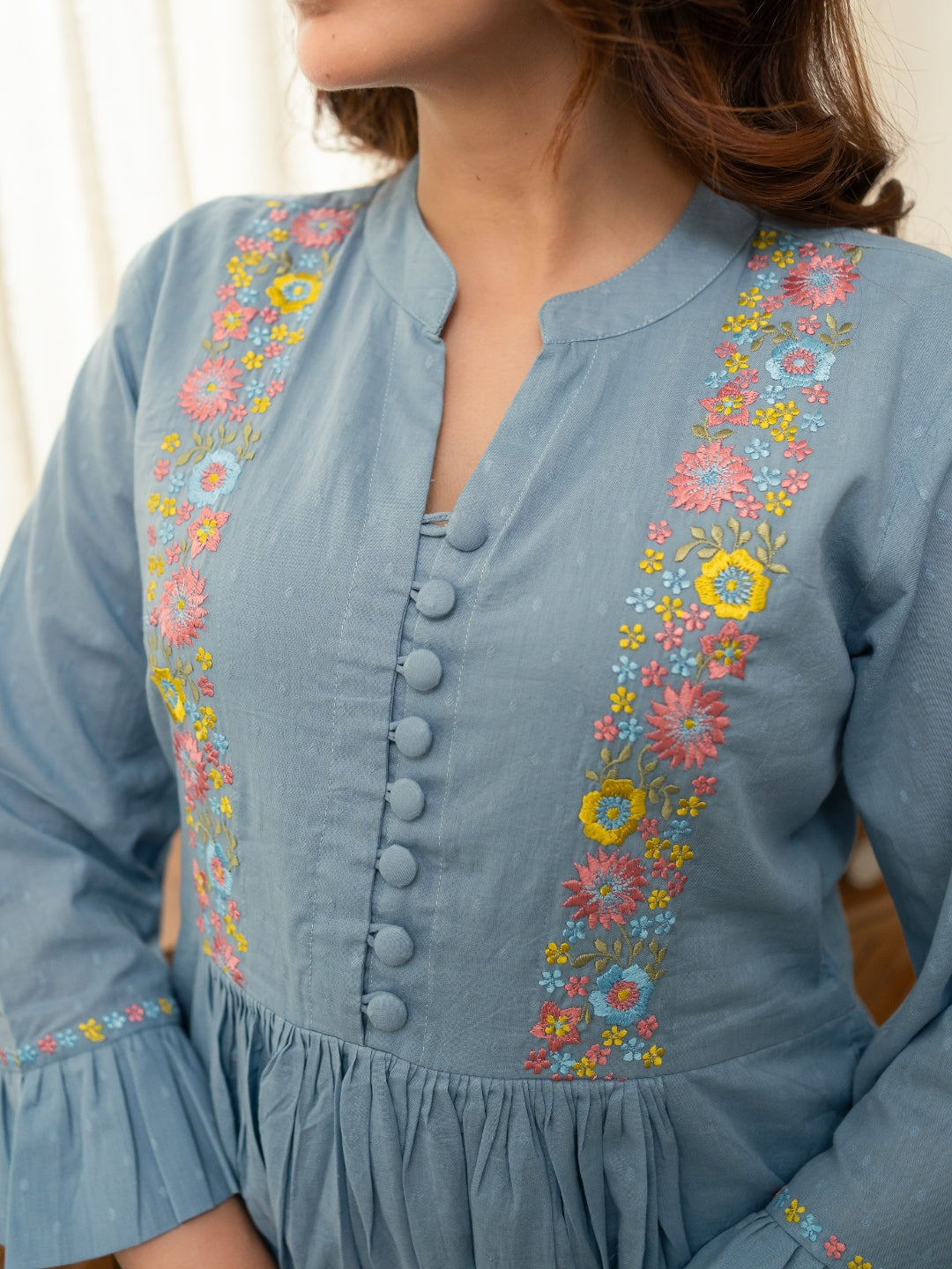 Dobby Blue Dress with Embroidery