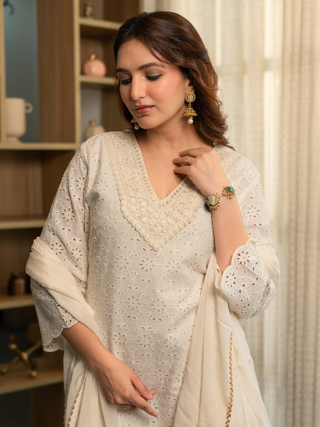 Schiffli Kurta Set with Dupatta and Pants
