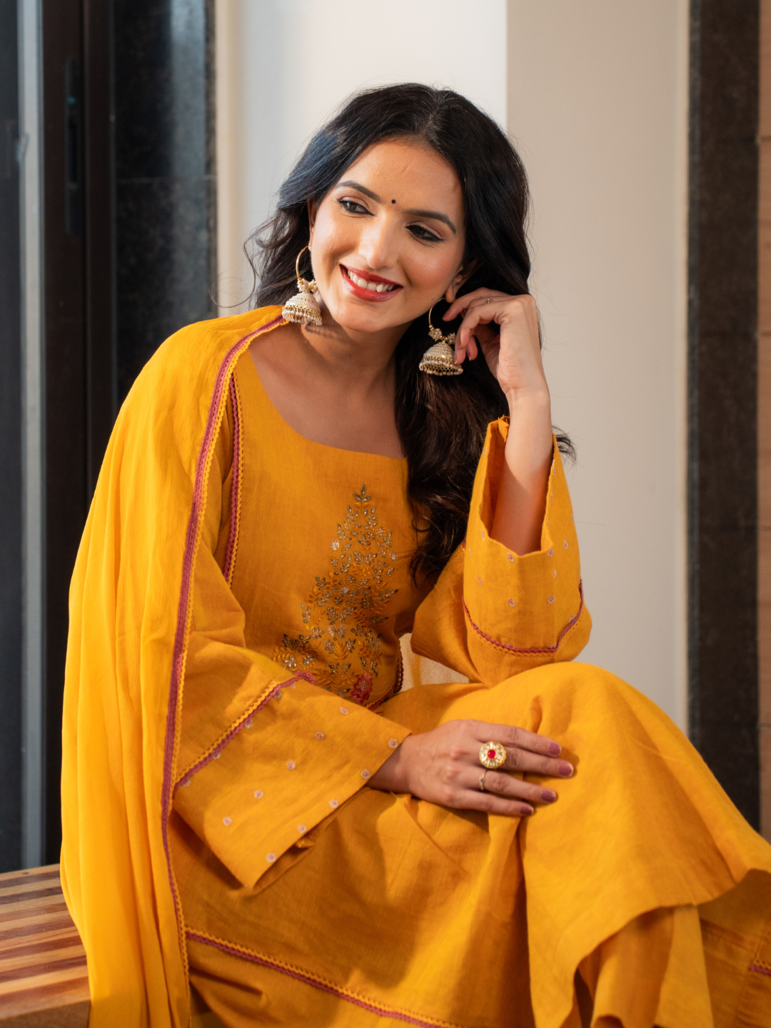 Yellow Cotton Embroidered Anarkali Kurta Set With Dupatta And Pants