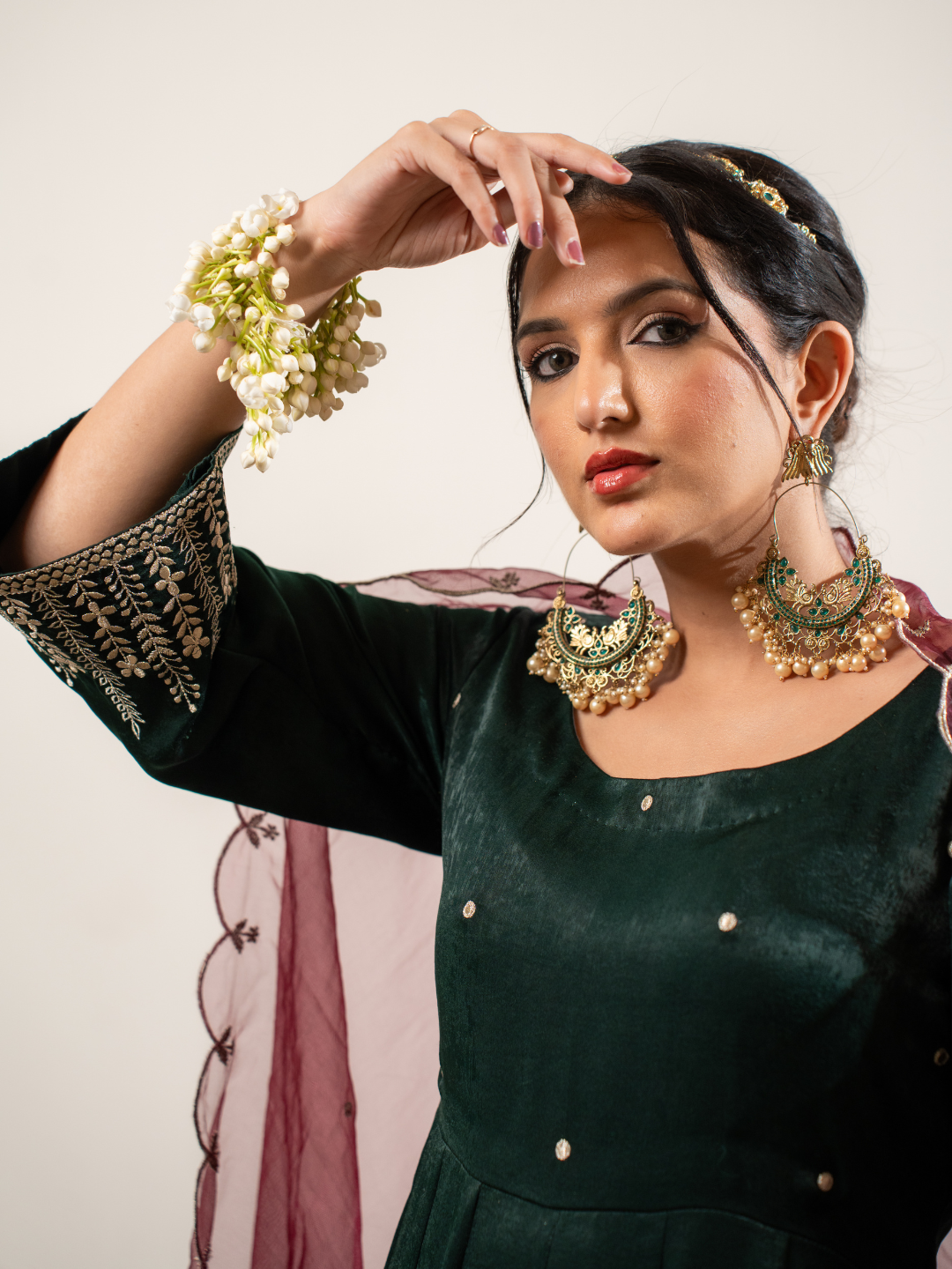 Velvet Satin Green Anarkali With Dupatta And Pants