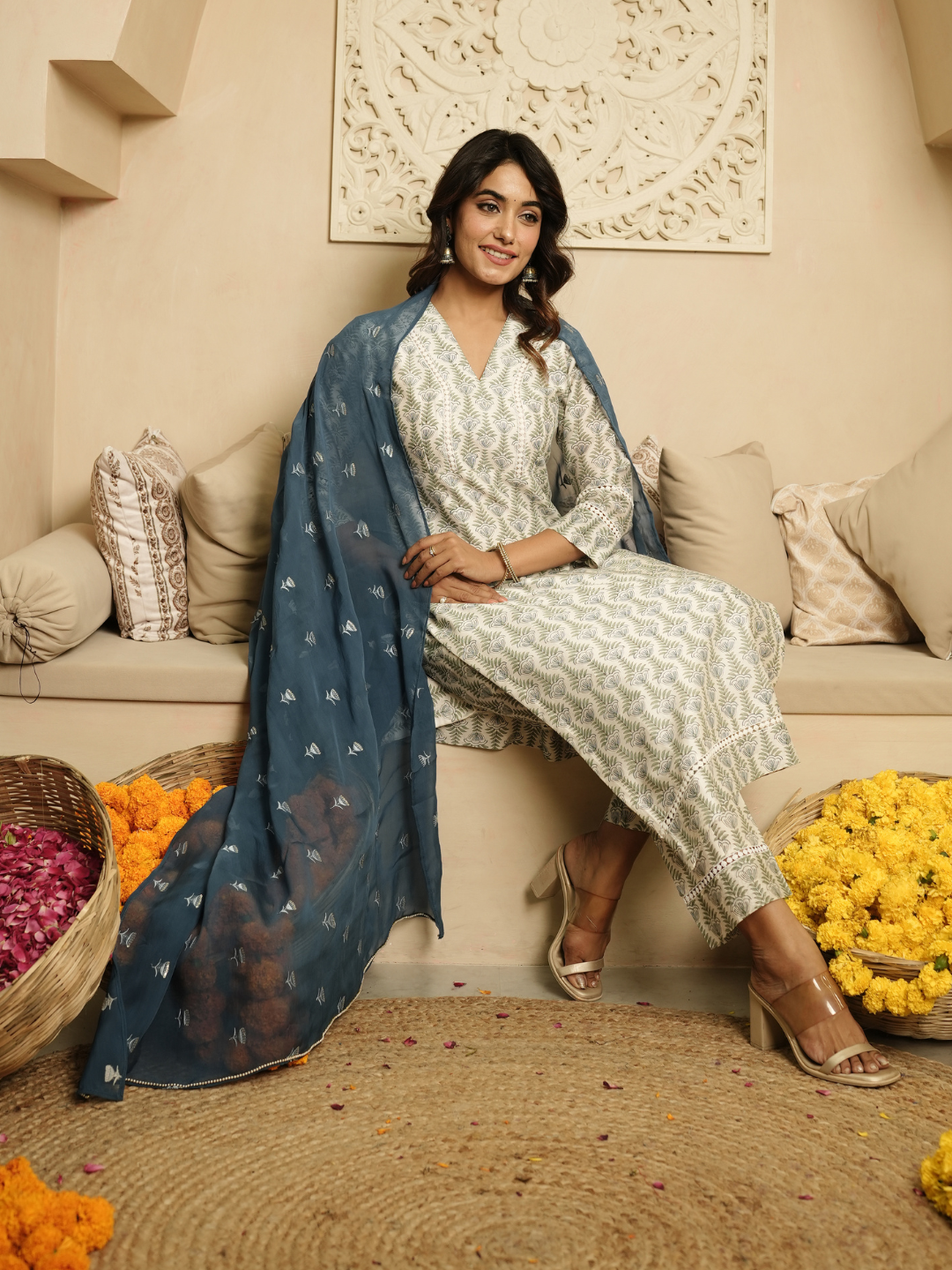 Blue Hand Block Chanderi Kurta Set