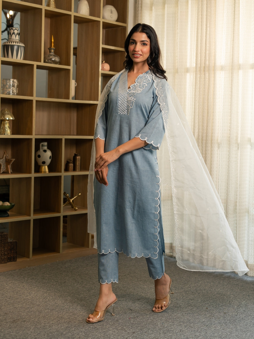 Chambray Embroidered Kurta Set with Dupatta and Pants