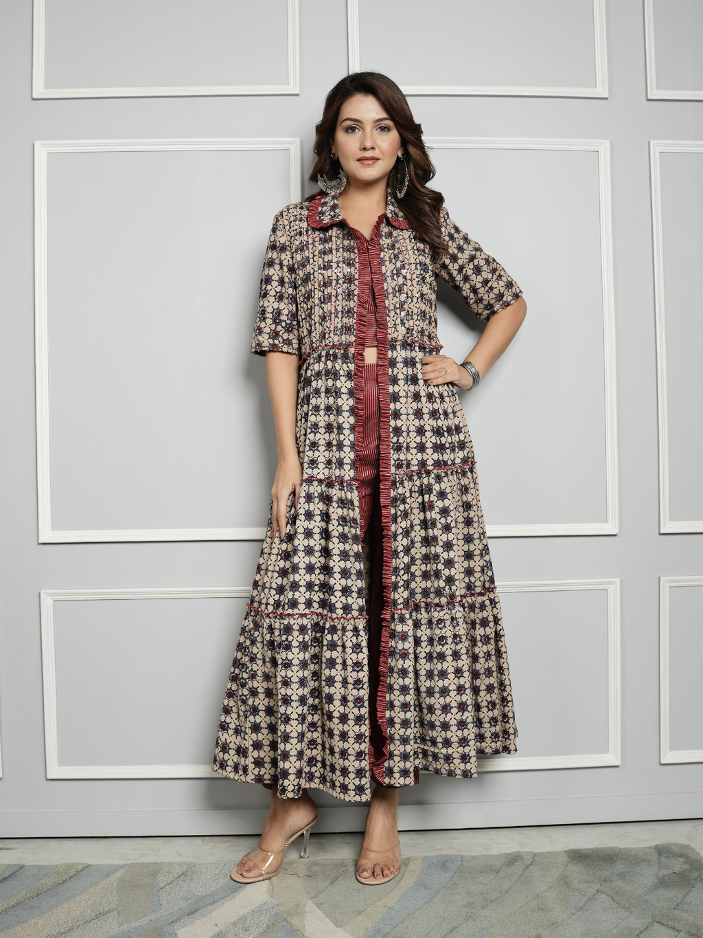 Cotton Linen Co-ord Set with Block Print Ajrakh Shrug
