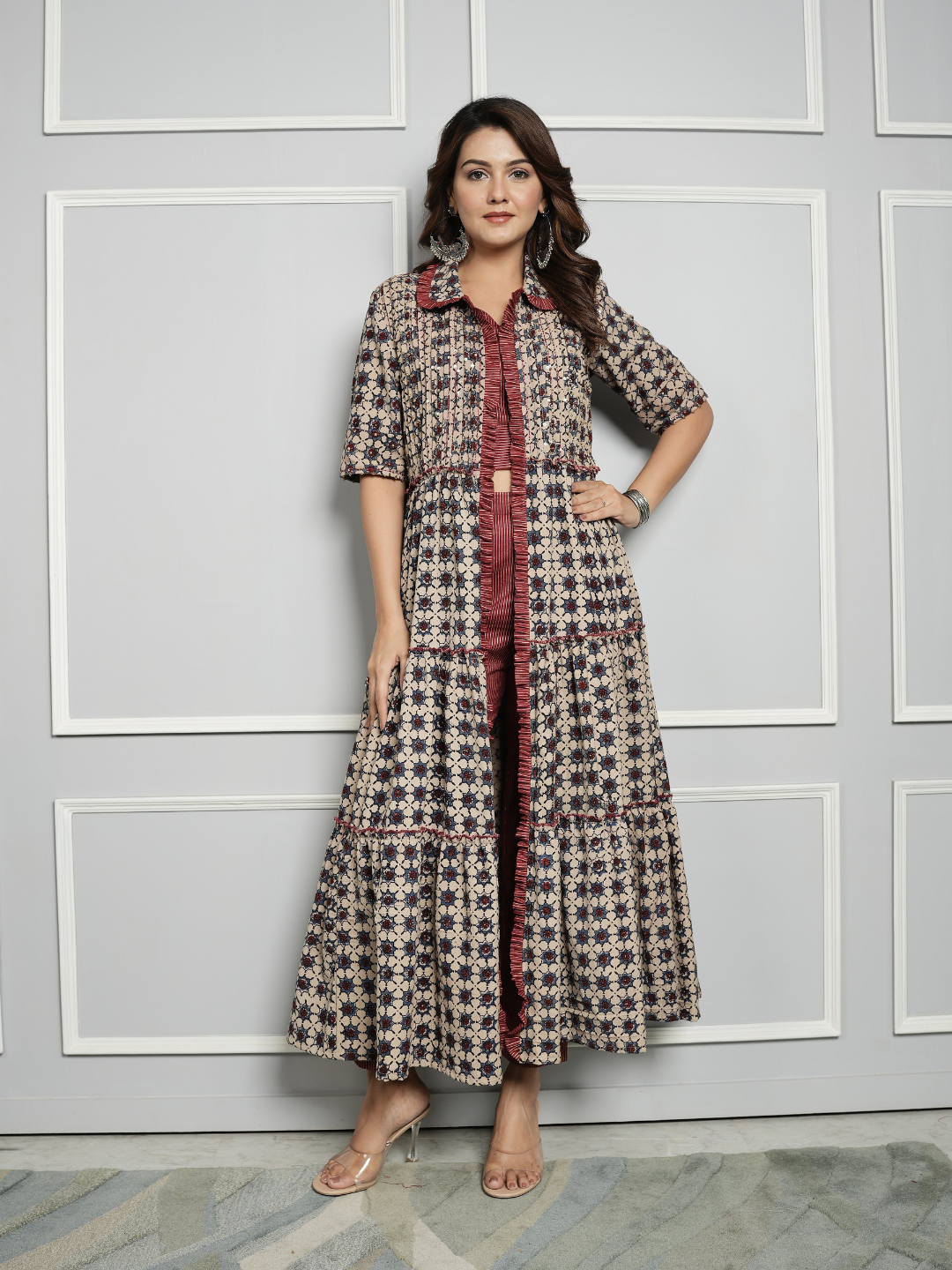 Cotton Linen Co-ord Set with Block Print Ajrakh Shrug