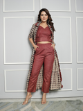 Cotton Linen Co-ord Set with Block Print Ajrakh Shrug